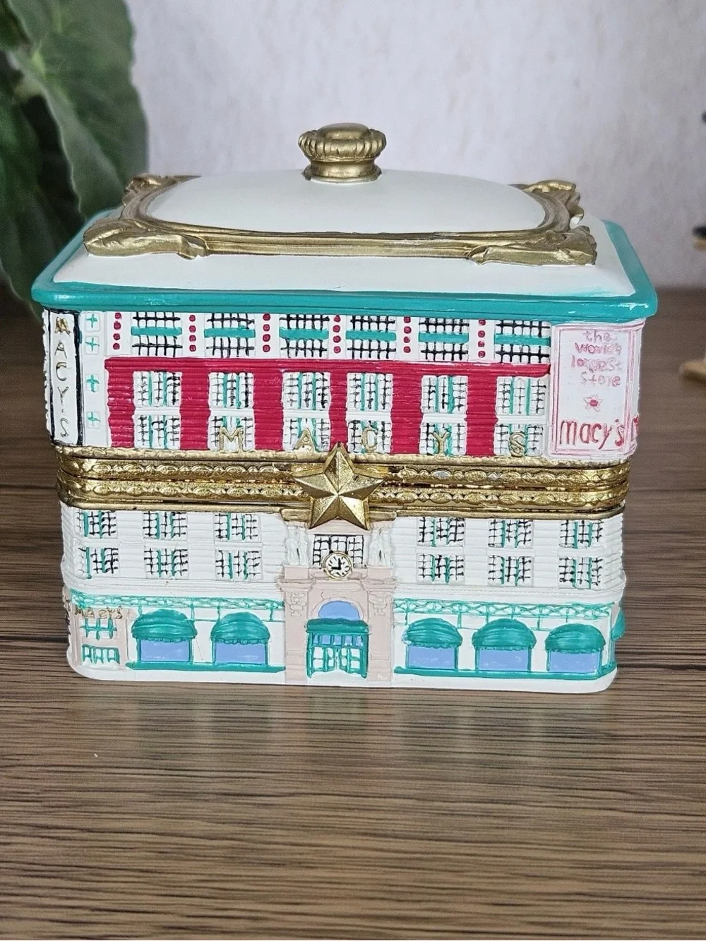 Macy's Ceramic Trinket Box in White, Teal & Gold Accents year 2000